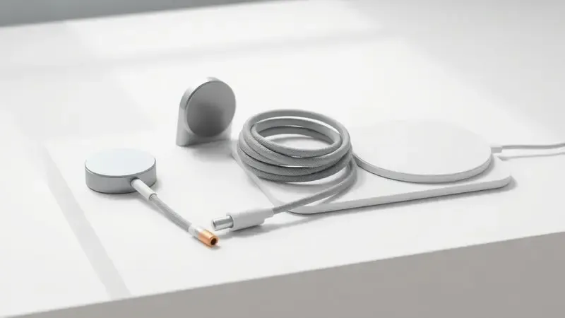 Acessórios de carregamento para smartwatch em composição 3D minimalista destacando cabos e bases magnéticas