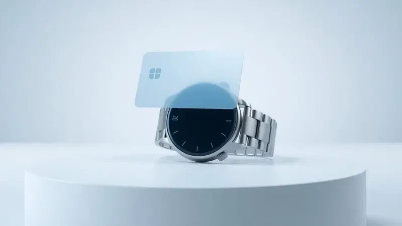 Cartão virtual sendo adicionado digitalmente a um smartwatch em renderização 3D conceitual
