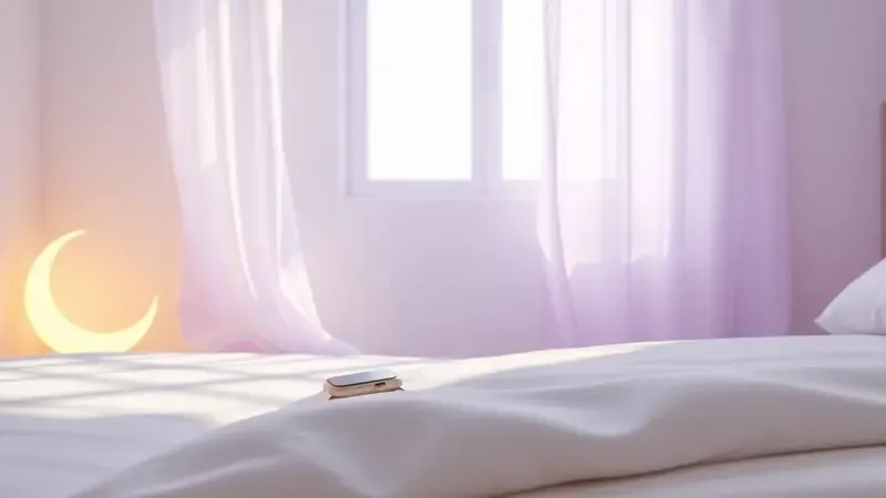 Ambiente de quarto estilizado em 3D com elementos abstratos representando ajustes para melhoria do sono baseados em dados