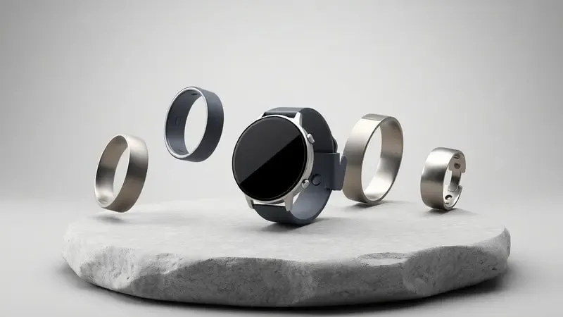Composição 3D conceitual com alternativas ao smartwatch incluindo anel inteligente, pulseira fitness e rastreador compacto.