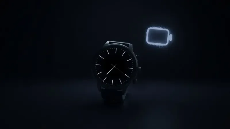 Smartwatch com tela always-on display minimalista e monocromática com iluminação suave simbolizando economia de bateria.