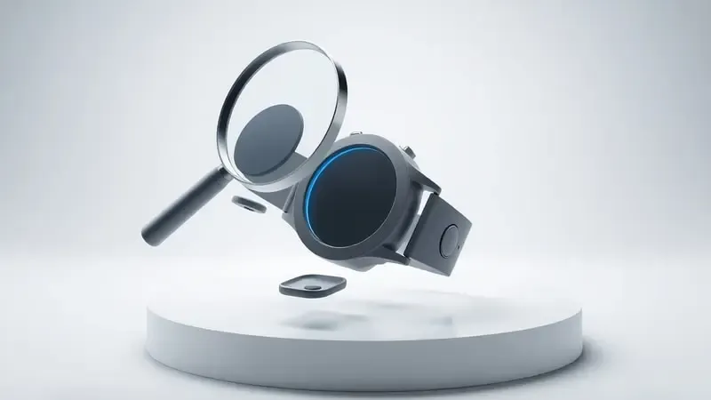 Render 3D de lupa analisando componentes flutuantes de smartwatch abstrato representando processo de seleção criteriosa.