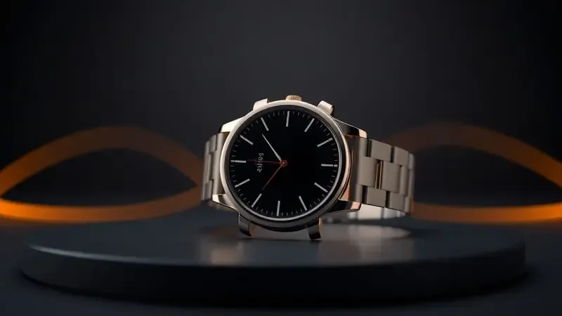 Renderização 3D premium de smartwatch com indicadores visuais de recomendação e análise