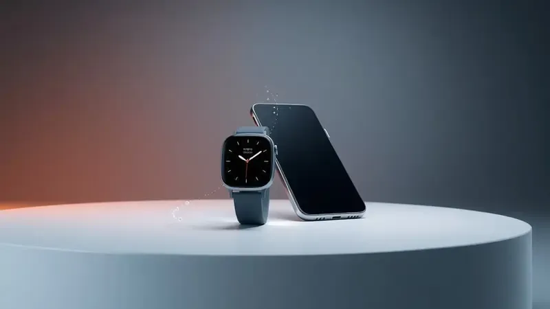 Renderização 3D de smartwatch e smartphone conectados por ponte de luz representando o processo de ativação do eSIM.