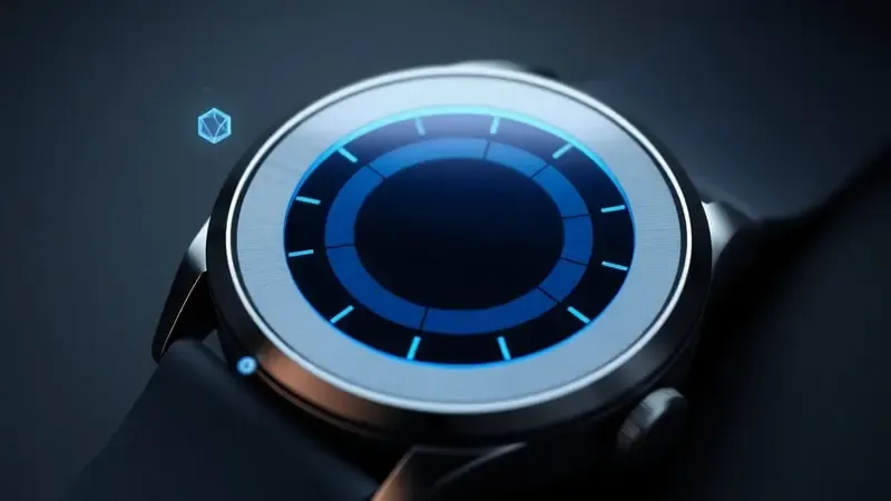 Close-up 3D da tela de smartwatch exibindo anel de progresso circular abstrato com luz azul suave durante atualização direta de software pelo relógio.