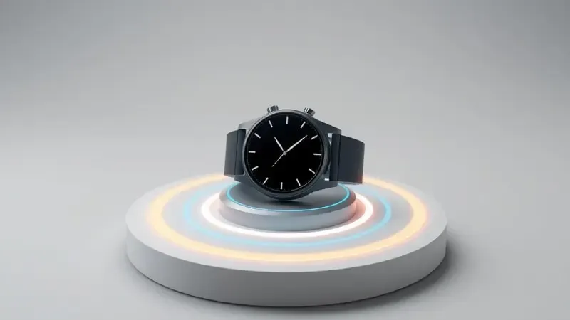 Conceito 3D de smartwatch sobre base de carregamento com anéis de energia e conectividade sem fio em atmosfera moderna.