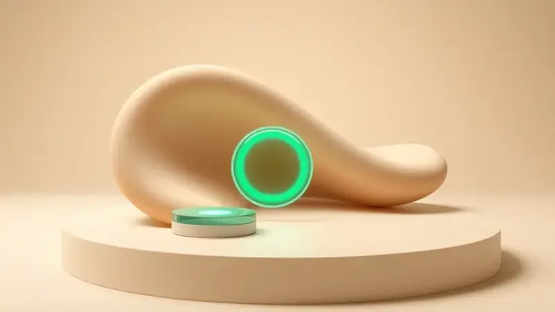 Renderização 3D de forma orgânica curvada em tons bege representando conforto ergonômico, com indicador circular verde representando autonomia de bateria.