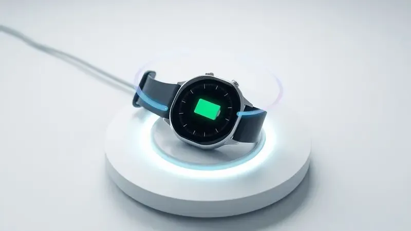 Smartwatch em carregador sem fio com visualizações abstratas de funções de saúde e longa autonomia de bateria em 3D