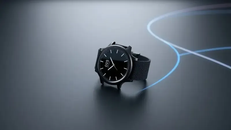 Render 3D conceitual de smartwatch destacando autonomia de bateria e desempenho esportivo com linhas abstratas