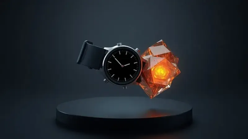Render 3D conceitual de smartwatch com núcleo de energia abstrato simbolizando equilíbrio entre bateria e desempenho