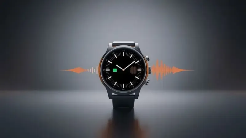 Conceito 3D de smartwatch com indicadores abstratos de bateria e ondas sonoras representando autonomia e qualidade de áudio.