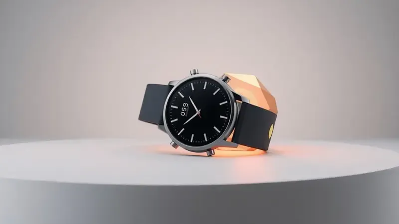 Render 3D conceitual de smartwatch com núcleo de energia geométrico abstrato representando bateria de longa duração em composição clean