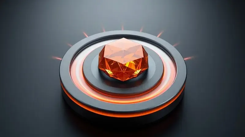 Renderização 3D de núcleo de energia cristalino envolto por anéis protetores em titânio escovado representando autonomia e durabilidade.