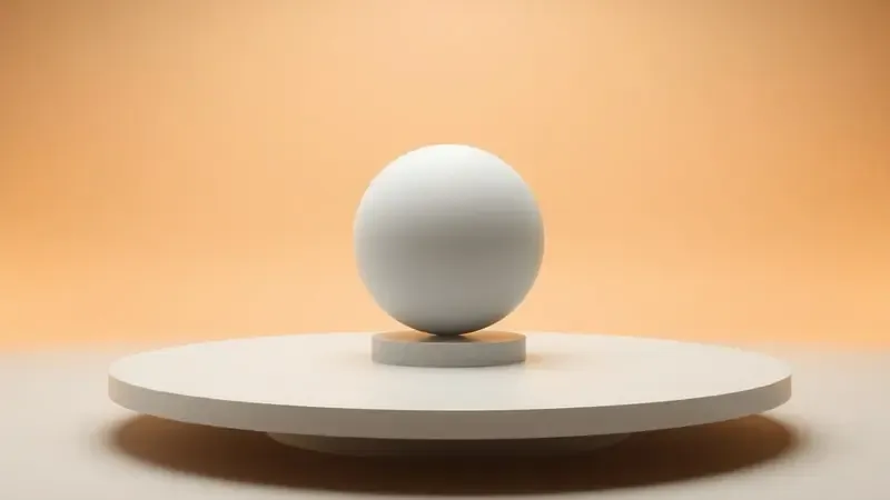 Composição conceitual 3D simbolizando avaliação equilibrada com esfera geométrica sobre plataforma minimalista e iluminação suave.