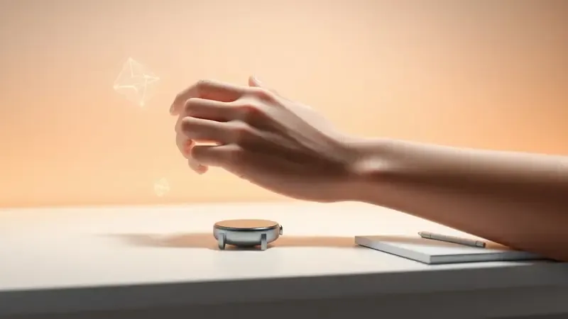 Pessoa avaliando smartwatch de saúde com elementos visuais de pesquisa em renderização 3D conceitual