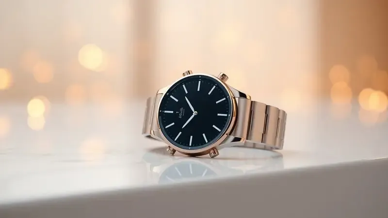 Composição 3D conceitual de smartwatch com iluminação dourada suave sugerindo qualidade premium e avaliação positiva