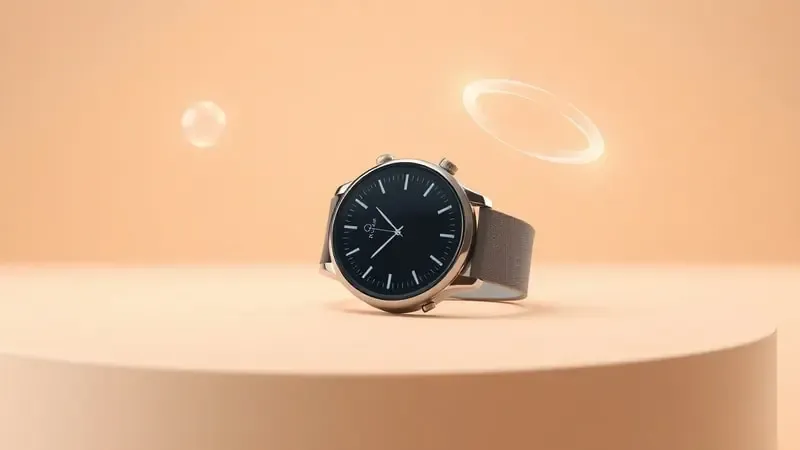 Render 3D de smartwatch com elementos abstratos representando backup de dados de saúde e atividades