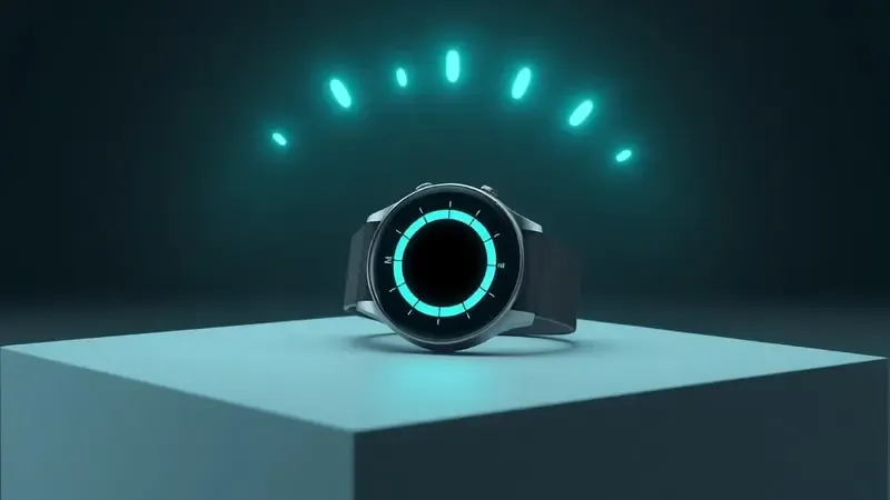 Render 3D minimalista de smartwatch com visualização luminosa de energia e indicador abstrato de bateria representando longa autonomia.