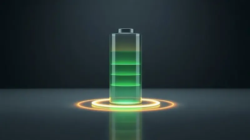 Renderização 3D conceitual de bateria cilíndrica com segmentos luminosos e anel de carregamento sobre superfície reflexiva em ambiente escuro