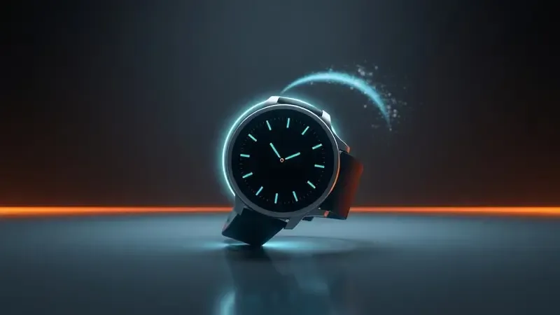 Renderização 3D conceitual de smartwatch com anel de energia representando autonomia de bateria em ambiente escuro sofisticado.