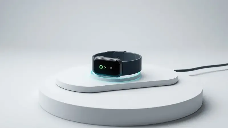 Renderização 3D de pulseira fitness próxima a base de carregamento com indicador luminoso de energia em tons suaves.