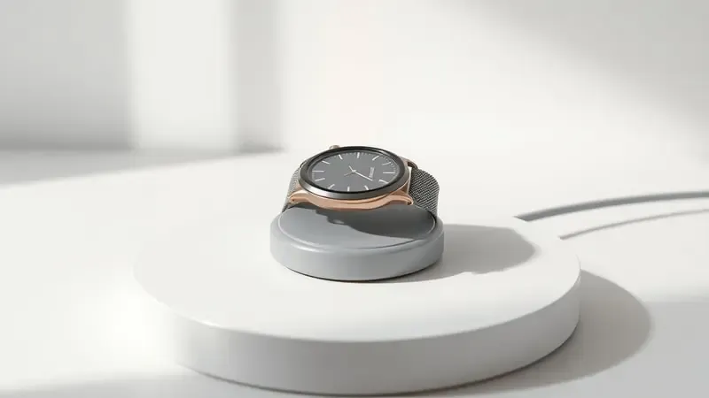 Renderização conceitual 3D de carregamento sem fio de smartwatch com partículas de energia em tons âmbar.
