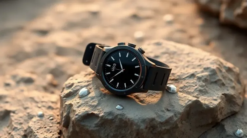 Renderização 3D de smartwatch resistente sobre pedra com indicador de bateria e gotas d'água simbolizando durabilidade.