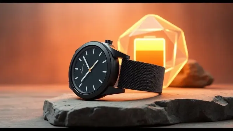 Smartwatch robusto ao lado de elemento geométrico luminoso simbolizando bateria, durabilidade e resistência.