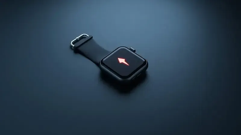 Render 3D conceitual de smartwatch com indicador abstrato de bateria fraca em superfície escura e atmosfera dramática