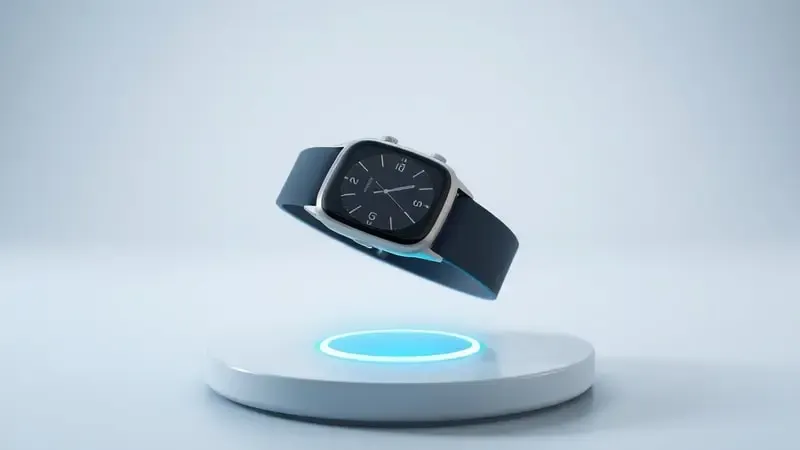 Render 3D de smartwatch flutuando sobre base de carregamento sem fio com anel de energia azul representando longa duração de bateria