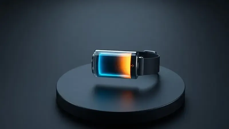 Render 3D conceitual de núcleo de energia abstrato e smartwatch representando longa duração de bateria
