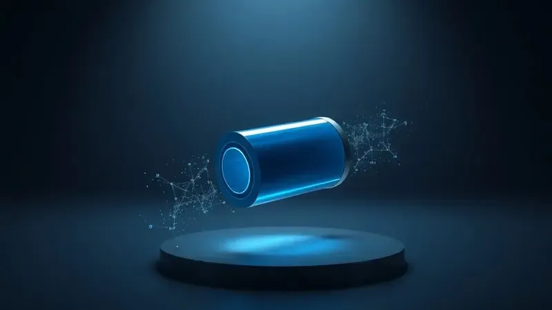 Render 3D conceitual de núcleo de energia com luz azul interna representando bateria de longa duração.