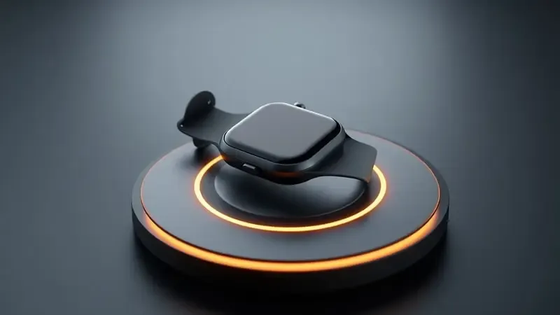 Render 3D conceitual de relógio inteligente sendo carregado com partículas de energia ao redor.