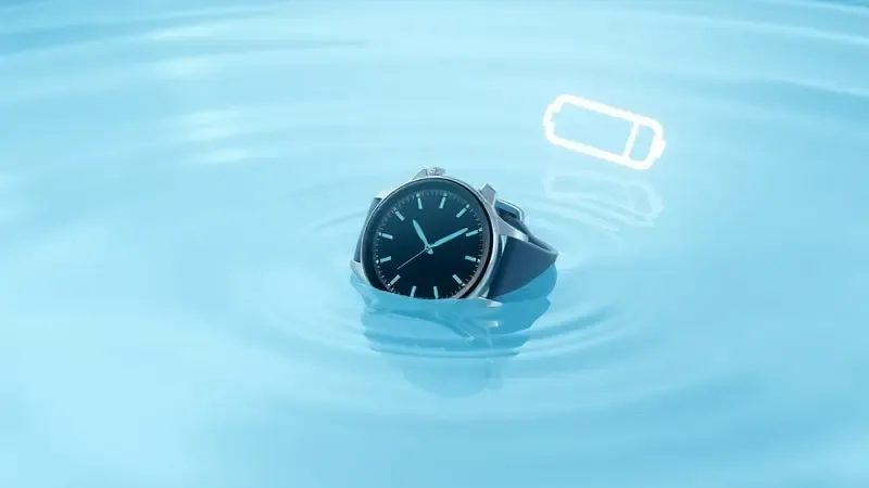 Cena conceitual 3D de smartwatch parcialmente submerso em água cristalina com ícone abstrato de bateria representando resistência e autonomia.