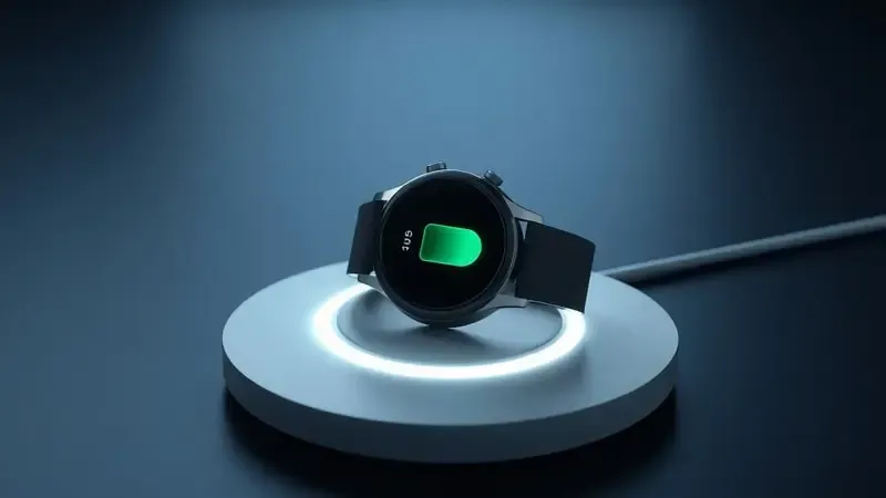 Renderização 3D de smartwatch em base de carregamento com indicador luminoso abstrato de bateria