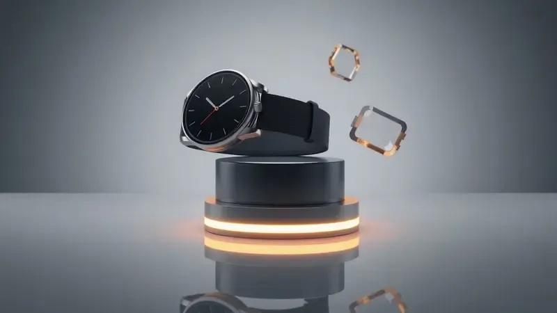 Renderização 3D conceitual de smartwatch com tema de bateria e carregamento em composição elegante