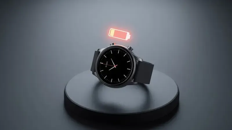 Smartwatch genérico com ícone de bateria baixa brilhante em tons âmbar representando consumo de energia em render 3D.