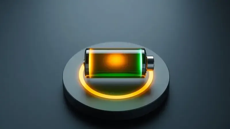 Renderização 3D conceitual de ícone abstrato de bateria com núcleo luminoso e anéis de recarga representando eficiência energética e duração de smartwatch.