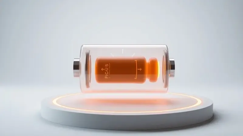 Conceito 3D abstrato de bateria com indicadores de energia e elementos orbitais em tons âmbar