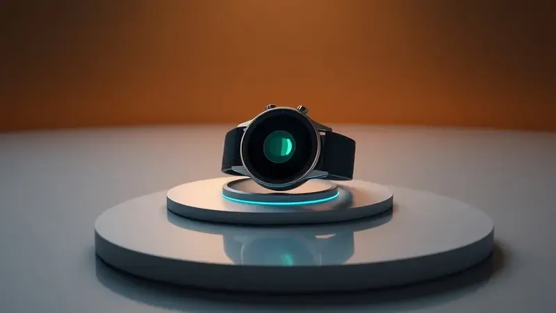 Render 3D de smartwatch em base de carregamento sem fio com indicador luminoso abstrato de bateria em ambiente sofisticado