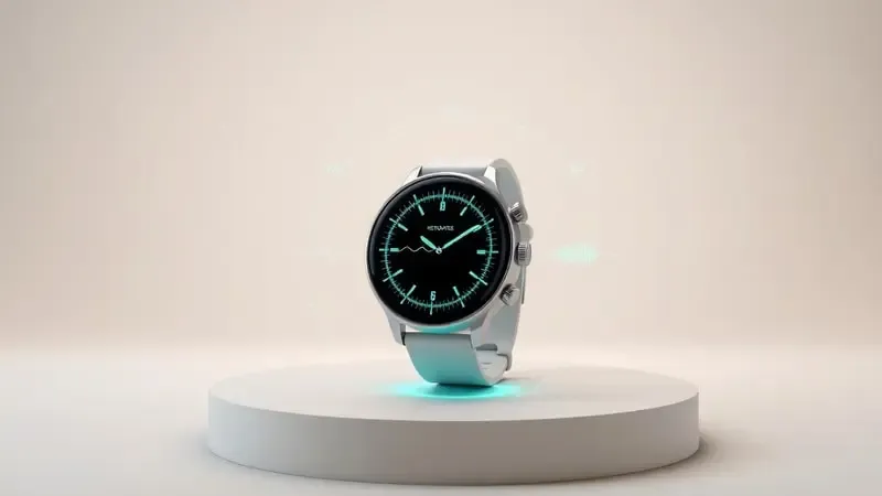 Render 3D de smartwatch exibindo métricas de saúde holográficas como batimentos cardíacos e monitoramento de sono