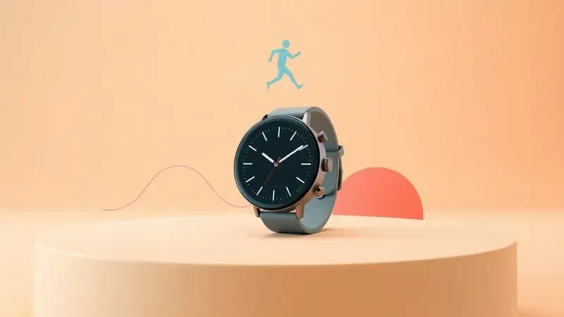 Renderização 3D conceitual de smartwatch com elementos abstratos de saúde, sono e exercícios físicos.