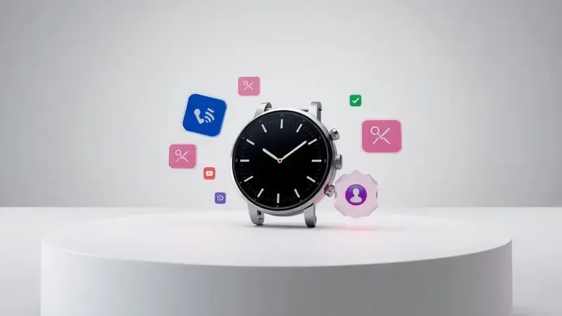 Renderização 3D conceitual de barreira geométrica filtrando ícones de notificação em tela de smartwatch com iluminação suave.