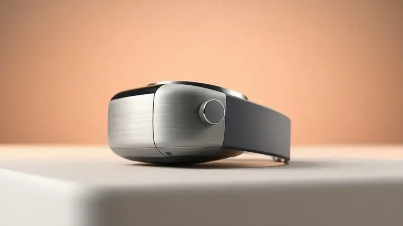 Render 3D em close de smartwatch genérico destacando botões físicos laterais com iluminação suave profissional.