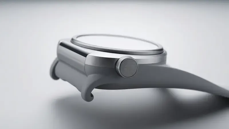 Close-up 3D de smartwatch moderno destacando botões físicos laterais com iluminação suave profissional.