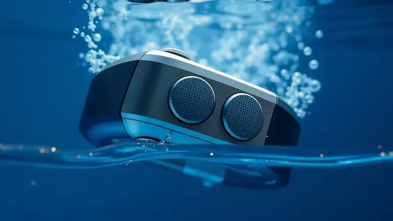 Close-up de botões físicos de smartwatch submerso com bolhas de ar aderidas à superfície texturizada em renderização 3D