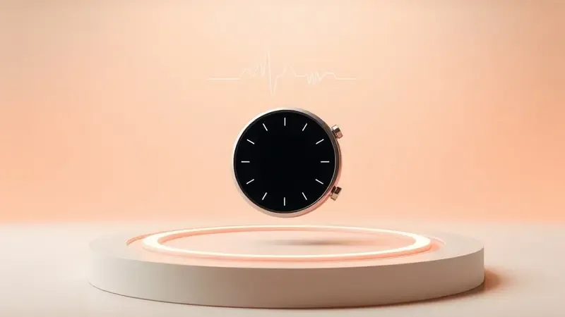 Render 3D conceitual de monitoramento fitness com linha de batimentos cardíacos abstrata e anéis de energia flutuantes
