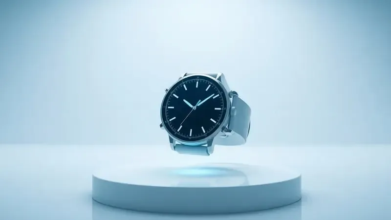 Smartwatch com linhas de dados holográficas abstratas representando monitoramento biométrico e cálculo calórico preciso.