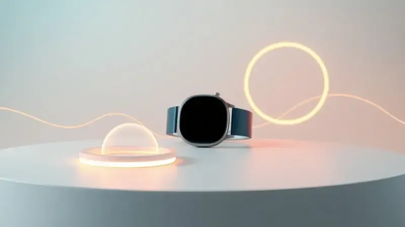 Renderização conceitual 3D de anéis luminosos abstratos representando cálculo de calorias por smartwatch