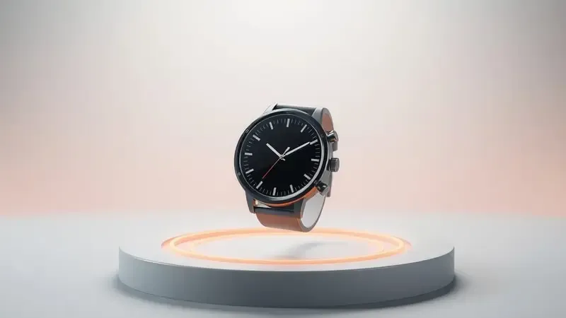 Render 3D conceitual ilustrando cálculo de gasto calórico por smartwatch com anéis de energia concêntricos e partículas de dados abstratas